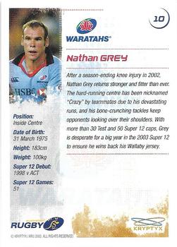 2003 Kryptyx The Defenders Australian Rugby Union #10 Nathan Grey Back